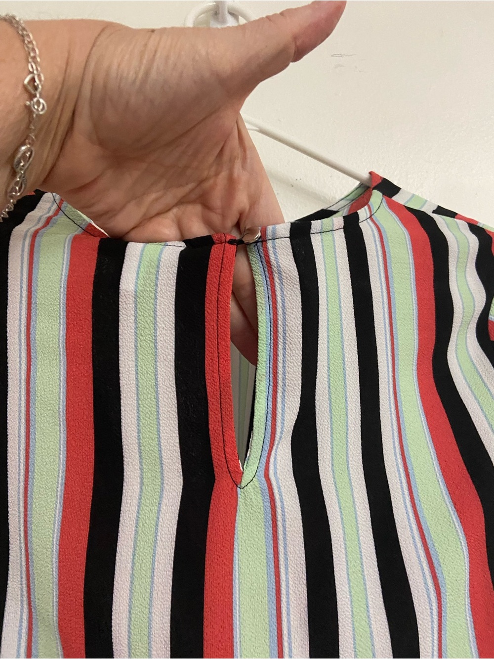 Bar III Striped Twist-Front Blouse - Black, Red & Mint Green Bell Sleeve - Picture 4 of 8